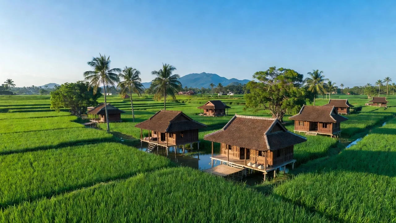 Khung cảnh huyện Tân Châu với cánh đồng xanh, nhà truyền thống và bầu trời trong xanh, Tây Ninh.