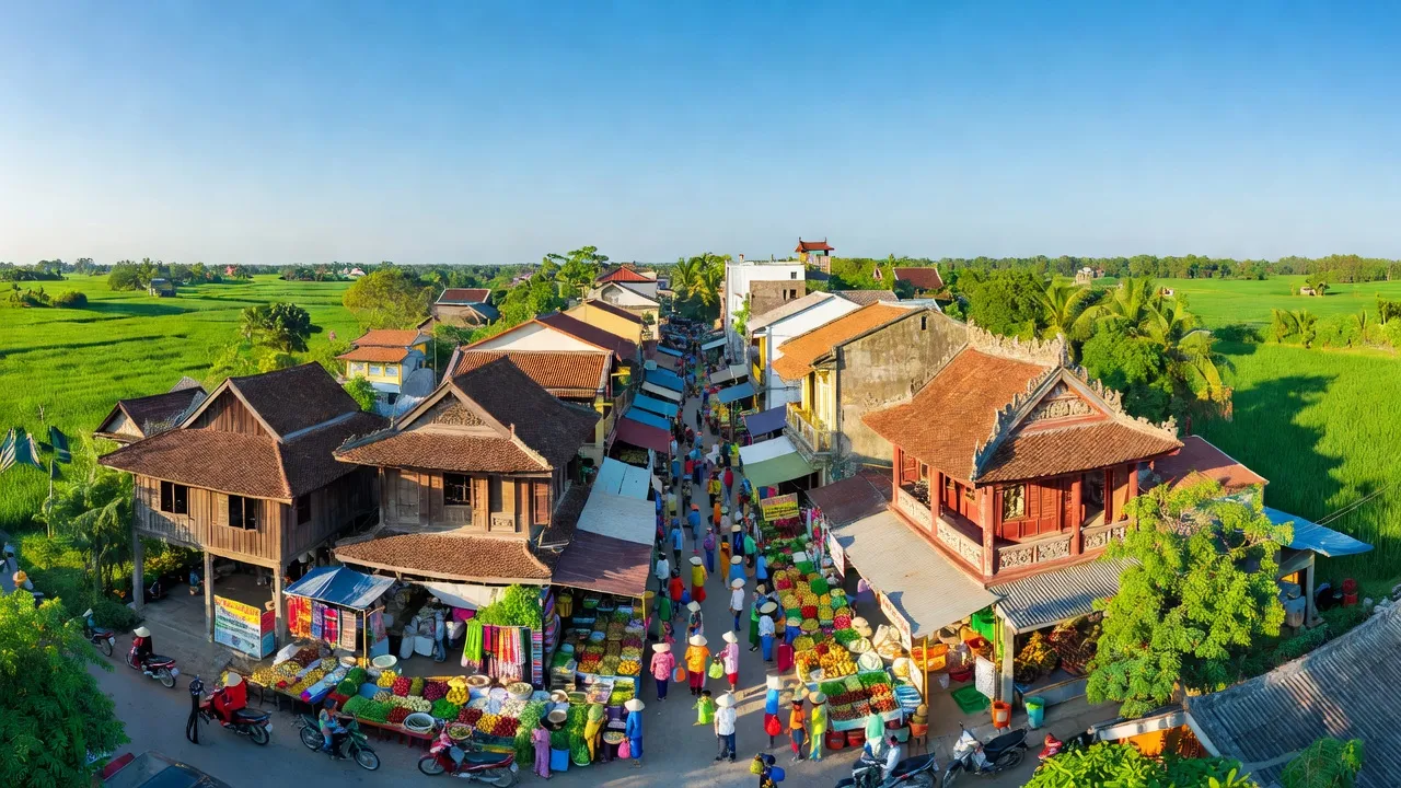 Quang cảnh Thị xã Trảng Bàng, Tây Ninh với kiến trúc truyền thống và thiên nhiên xanh tươi.