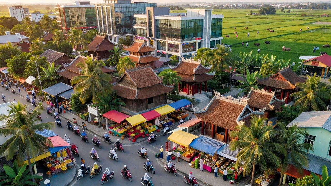 Thị xã Trảng Bàng, Tây Ninh với kiến trúc truyền thống và hoạt động sôi nổi của thị trường.