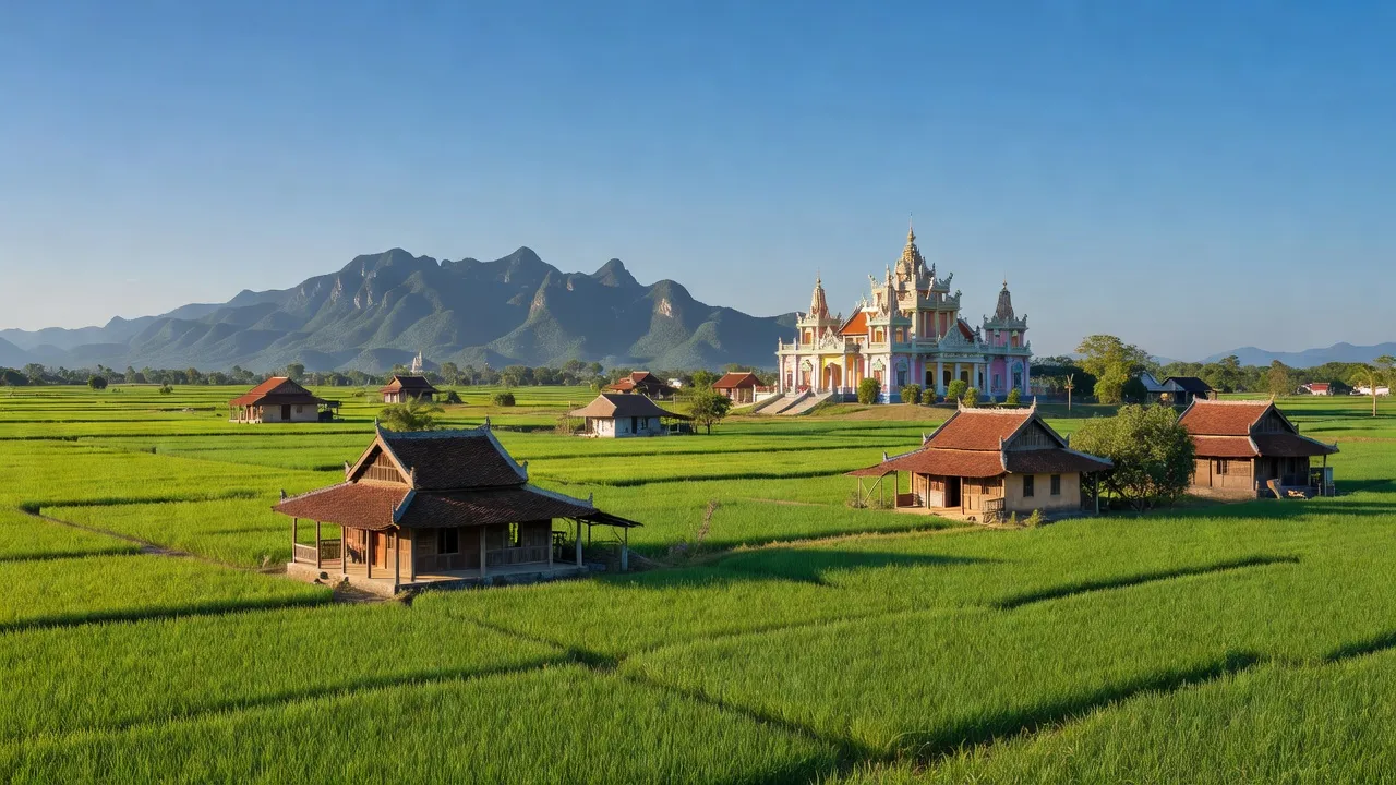 Cảnh sắc tỉnh Tây Ninh Việt Nam với cánh đồng xanh và đền thờ Cao Đài nổi bật.