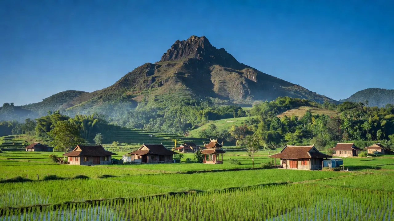 Khung cảnh tỉnh Tây Ninh với núi Bà Đen và cánh đồng xanh, thể hiện vẻ đẹp tự nhiên và văn hóa.