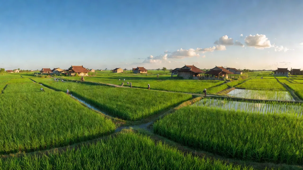 Cảnh sắc huyện Đông Hưng, tỉnh Thái Bình với cánh đồng lúa xanh mướt và nhà truyền thống.