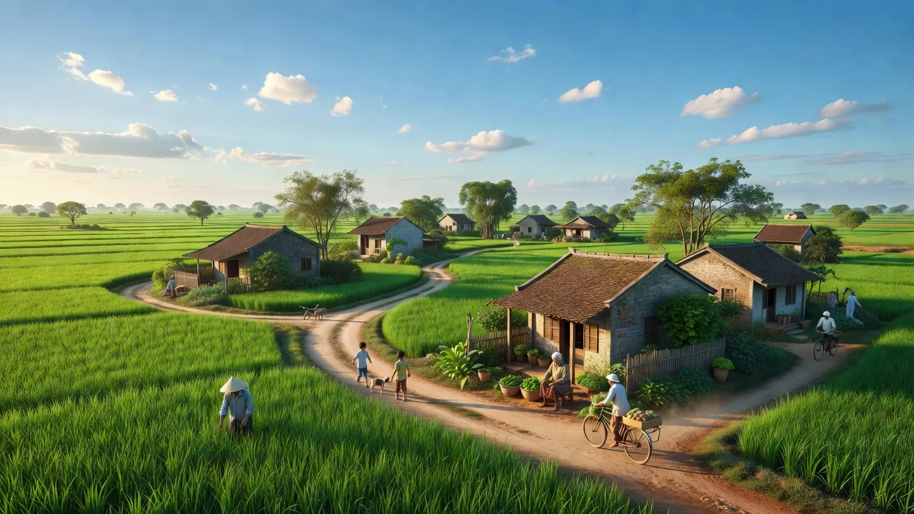 Huyện Đông Hưng, Thái Bình với cánh đồng xanh, nhà cửa truyền thống và bầu trời trong xanh.