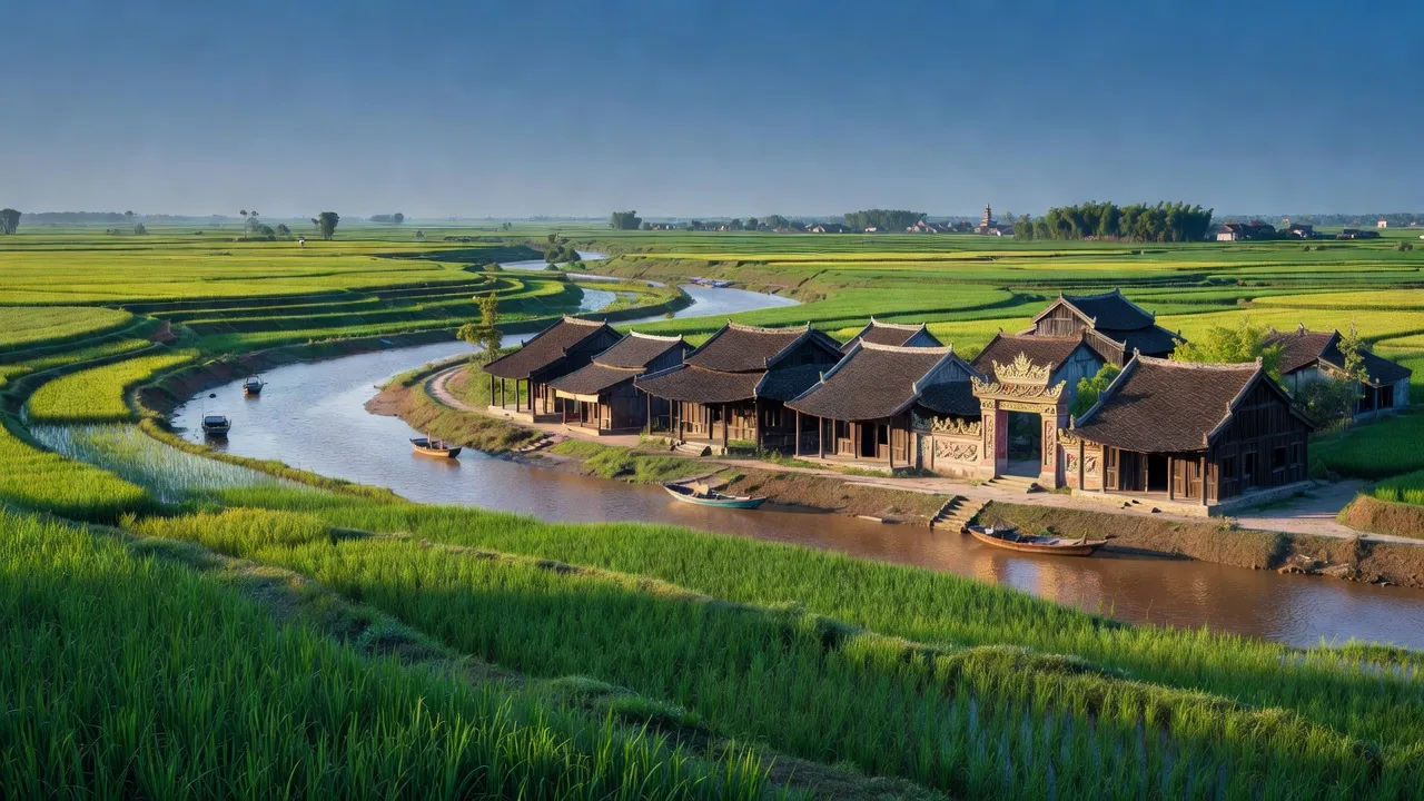 Khung cảnh Huyện Hưng Hà tỉnh Thái Bình với kiến trúc truyền thống và cánh đồng xanh.