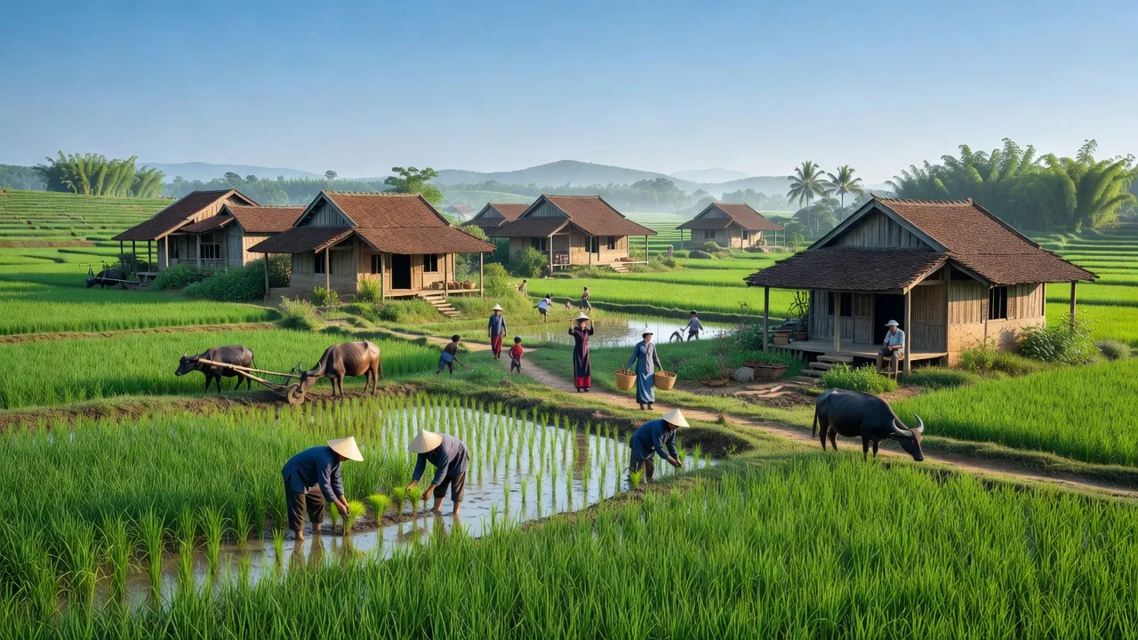 Cảnh quan Huyện Kiến Xương, Thái Bình với ruộng đồng và nhà truyền thống, thể hiện nông thôn Việt Nam.