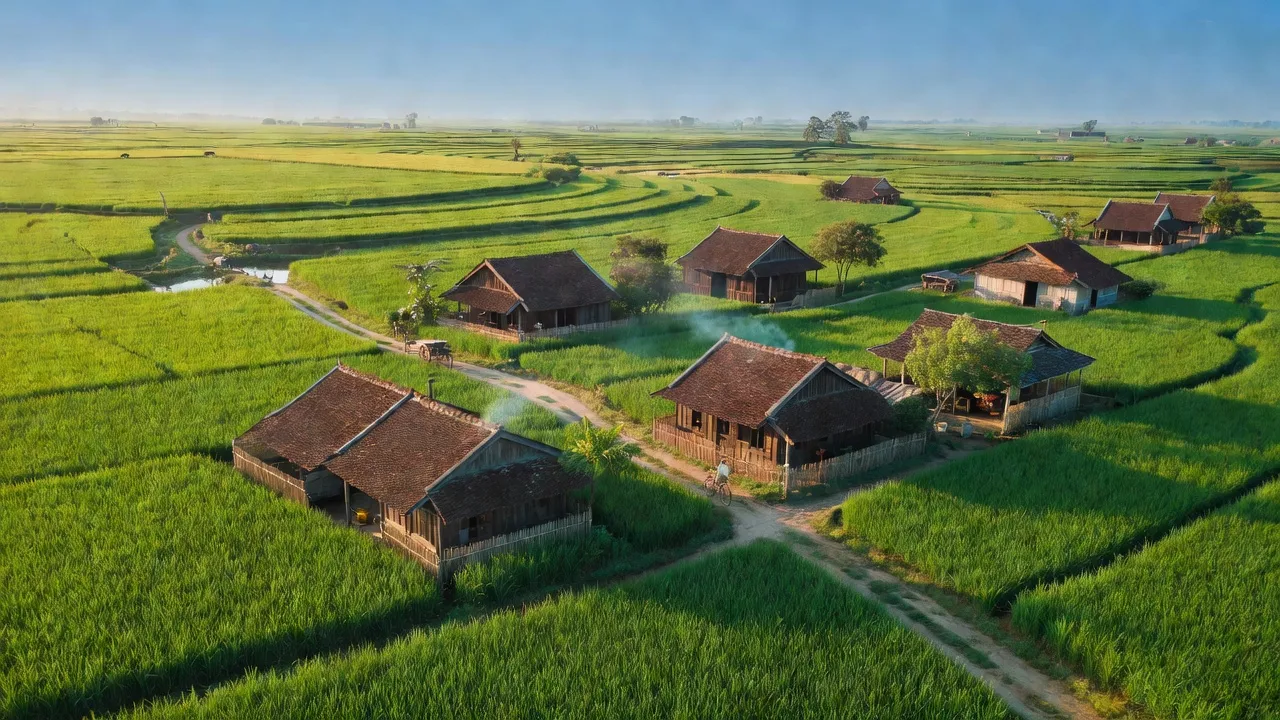 Cảnh sắc huyện Quỳnh Phụ, Thái Bình với cánh đồng xanh và nhà truyền thống Việt Nam.