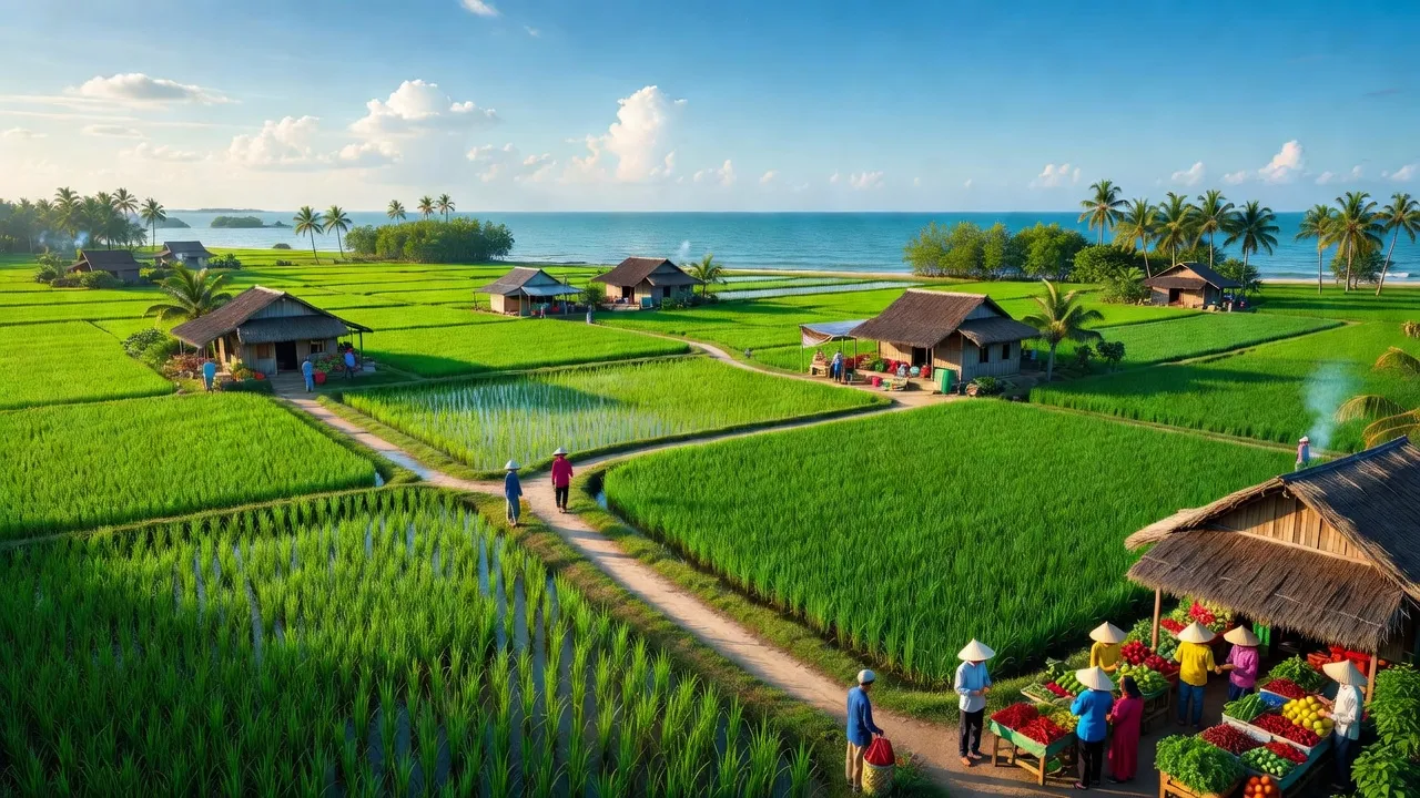 Khung cảnh huyện Thái Thụy, Thái Bình với đồng xanh và làng quê ven biển.