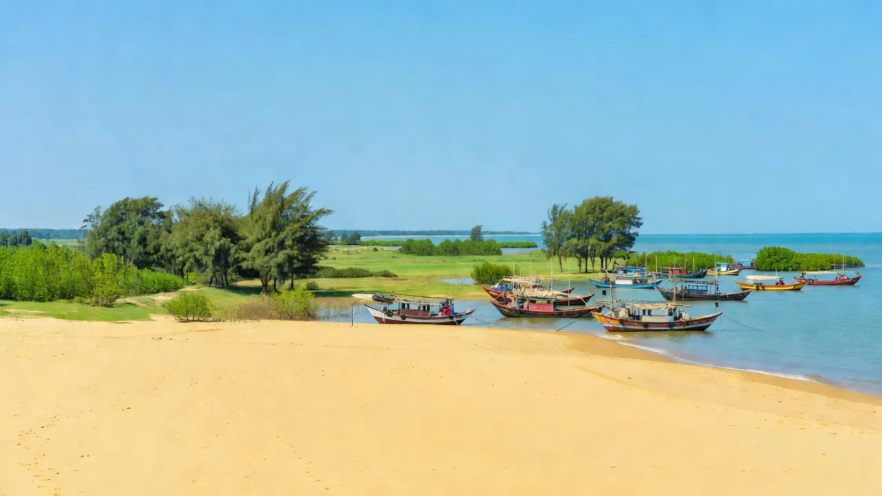 Khung cảnh biển Huyện Tiền Hải, Tỉnh Thái Bình với bãi cát và thuyền đánh cá.
