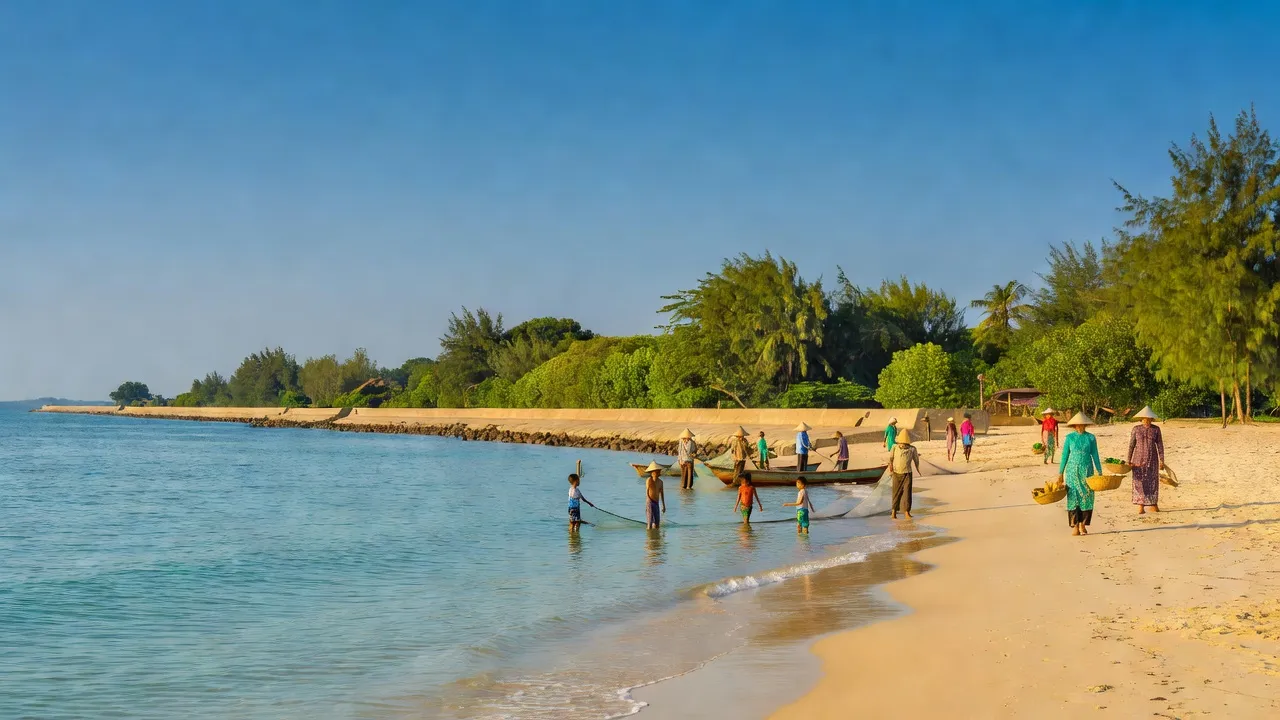 Khung cảnh Huyện Tiền Hải, Thái Bình với bãi biển xanh, đê biển và thiên nhiên tươi đẹp.