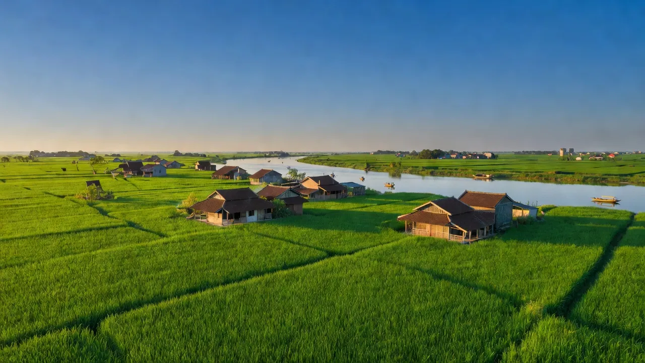 Cảnh quan huyện Vũ Thư Thái Bình với cánh đồng xanh mướt, nhà truyền thống và sông Hồng.