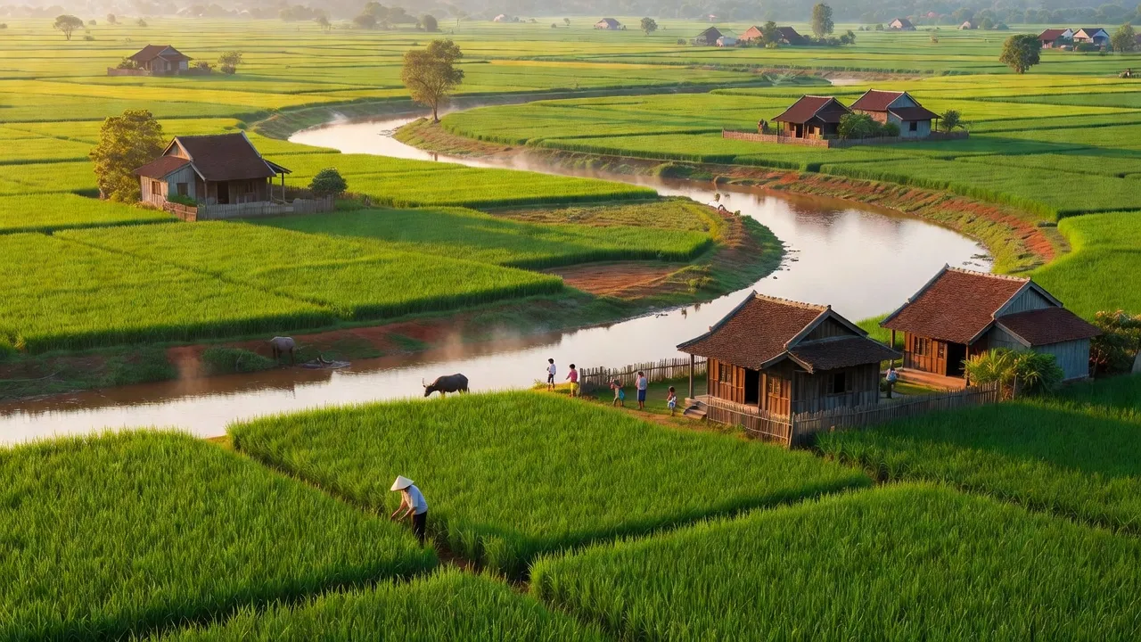 Cảnh quan huyện Vũ Thư, Thái Bình với cánh đồng xanh và sông Hồng thơ mộng.