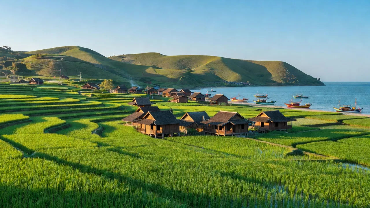 Cảnh đẹp tỉnh Thái Bình, cánh đồng xanh, nhà truyền thống và bầu trời trong xanh.