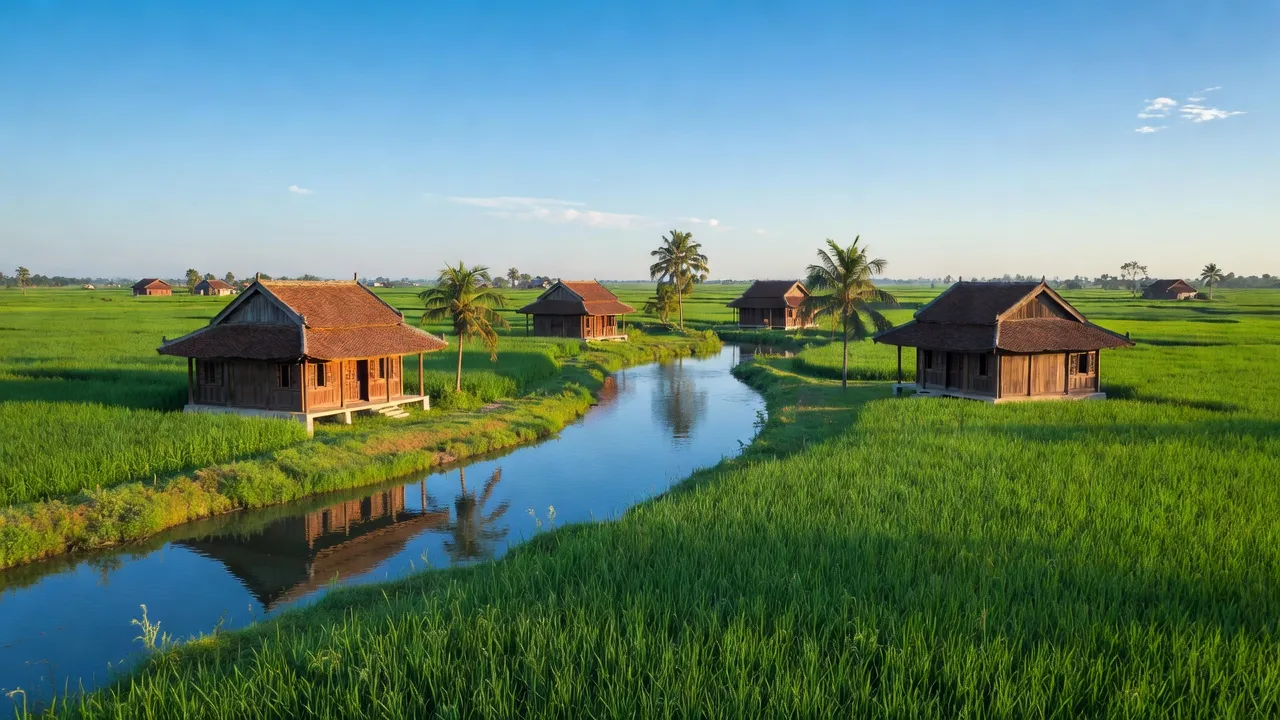 Cảnh tỉnh Thái Bình với cánh đồng xanh và ngôi nhà truyền thống bên sông, miền Bắc Việt Nam.