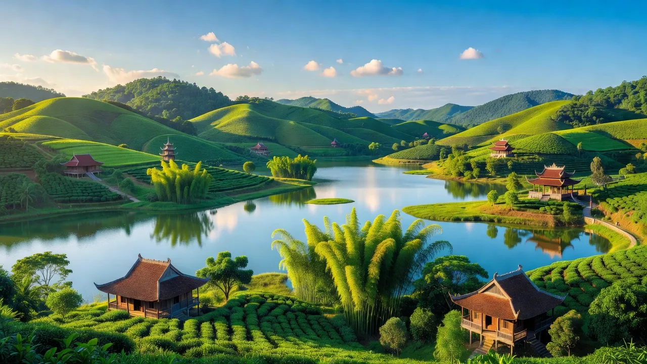 Khung cảnh huyện Đại Từ, Thái Nguyên với đồi núi, thung lũng và hồ nước thơ mộng.