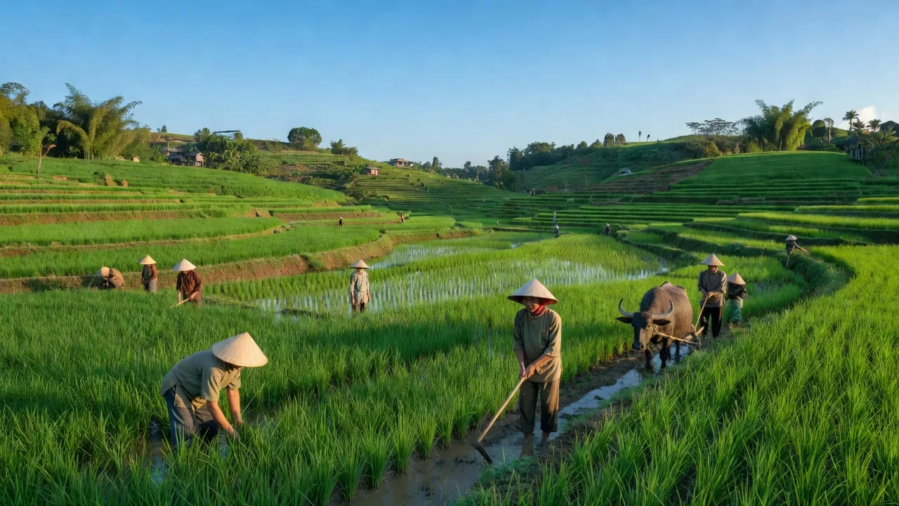 Xã Bình Thuận, huyện Đại Từ, Thái Nguyên với đồi núi xanh, thung lũng và hoạt động nông nghiệp.