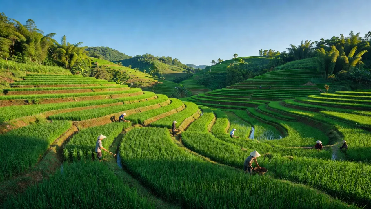 Phong cảnh xanh tươi của Xã Đức Lương, huyện Đại Từ, với ruộng bậc thang và người dân nông nghiệp.