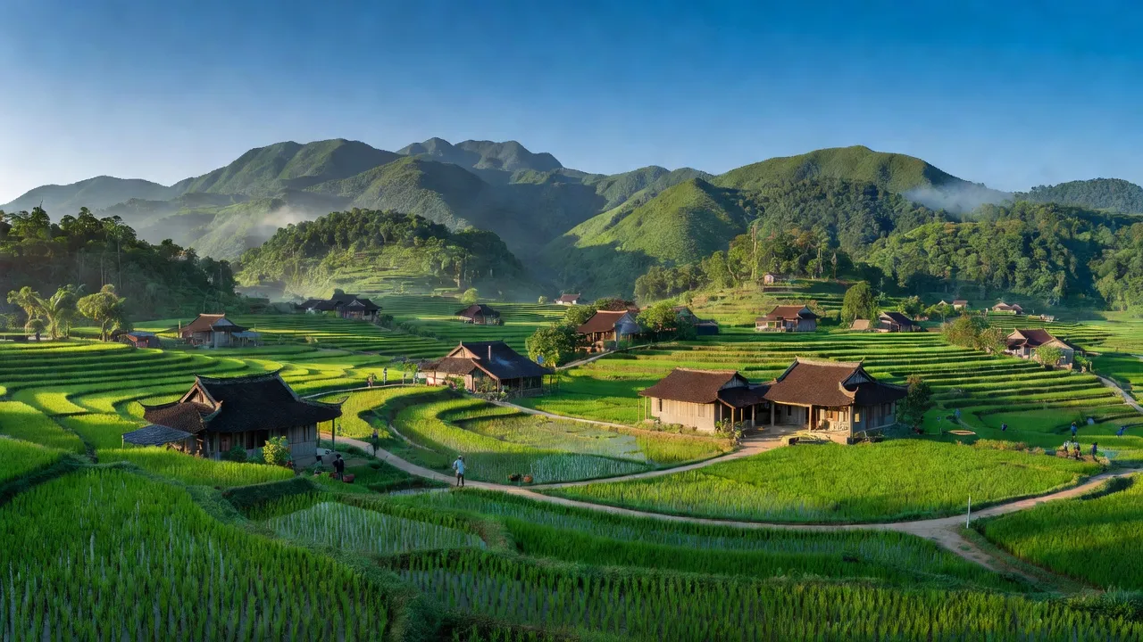 Khung cảnh xanh tươi của xã Mỹ Yên, huyện Đại Từ, tỉnh Thái Nguyên, với núi đồi và ruộng bậc thang.