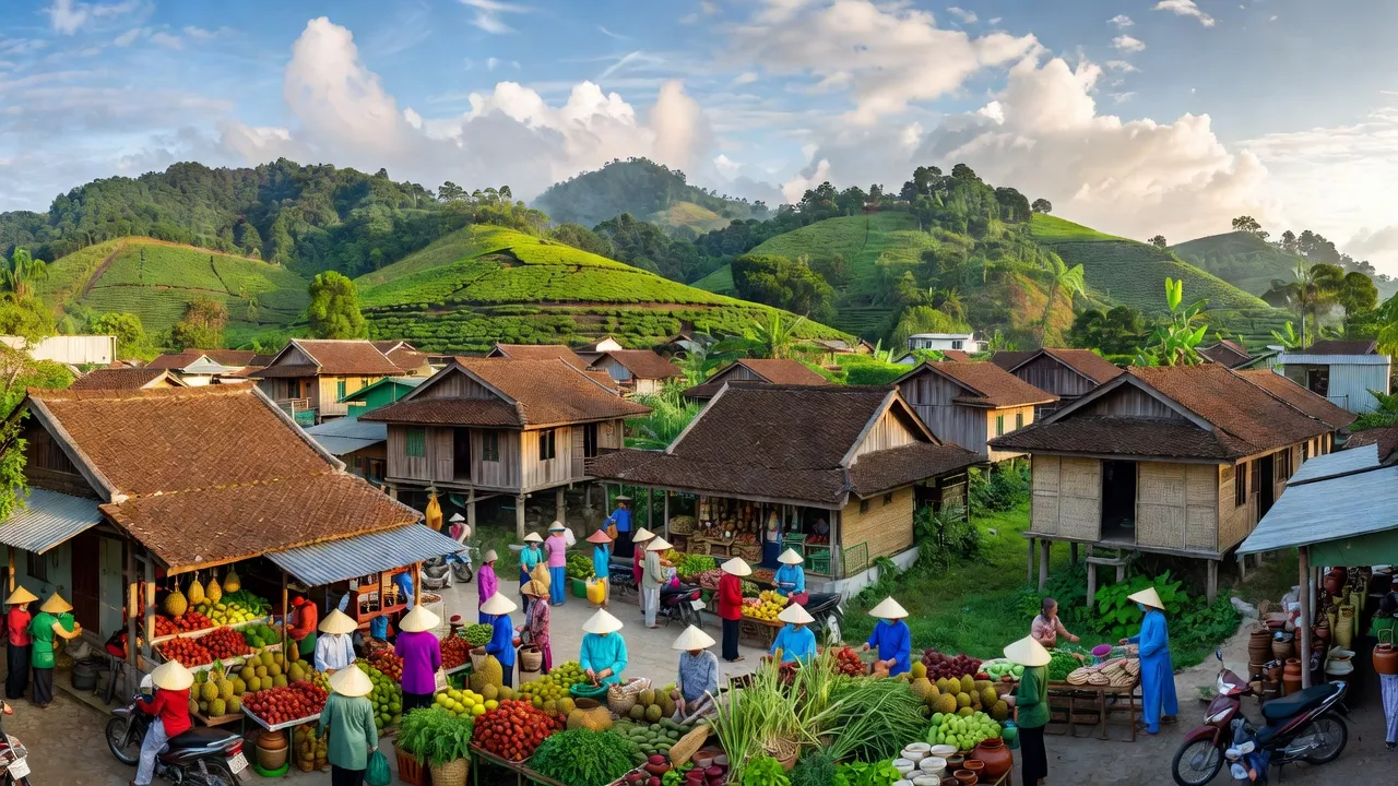 Quân Chu town in Đại Từ, Thái Nguyên, featuring local market, green hills, and traditional houses.