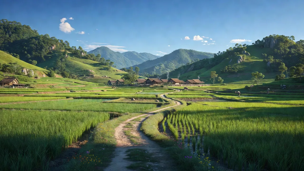 Cảnh quan hữu tình xã Tân Thái, huyện Đại Từ, tỉnh Thái Nguyên với đồi núi và cánh đồng.