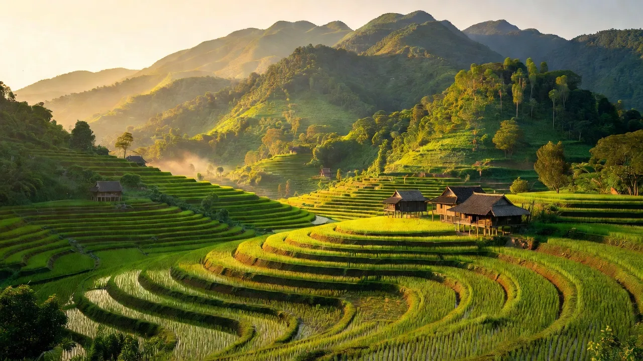 Cảnh thiên nhiên xã Tân Thái, huyện Đại Từ, tỉnh Thái Nguyên, với núi, ruộng và ánh nắng.
