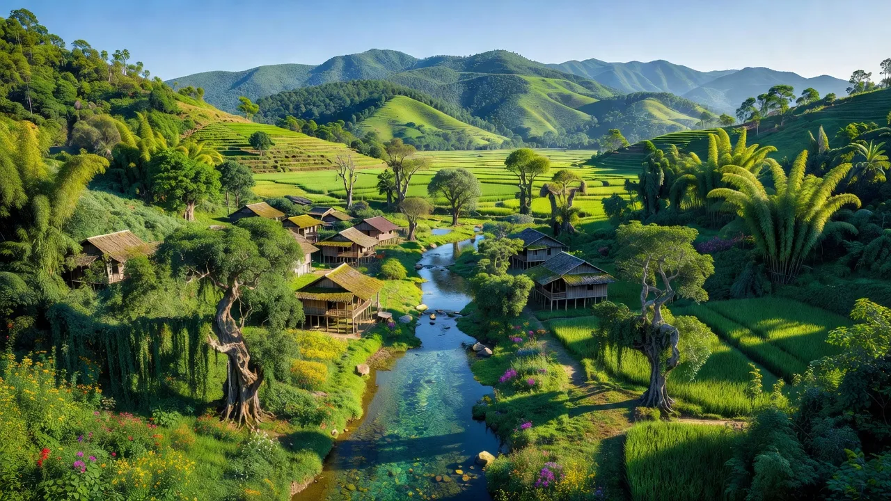 Khung cảnh huyện Định Hóa, Thái Nguyên với đồi núi, thung lũng và dòng suối trong lành.