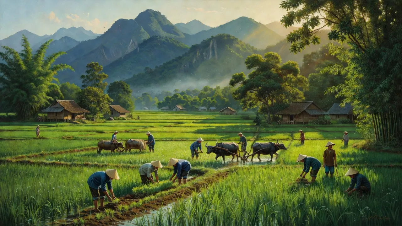Phong cảnh nông thôn Xã Bình Thành, huyện Định Hóa, tỉnh Thái Nguyên, với đồng xanh và núi non.