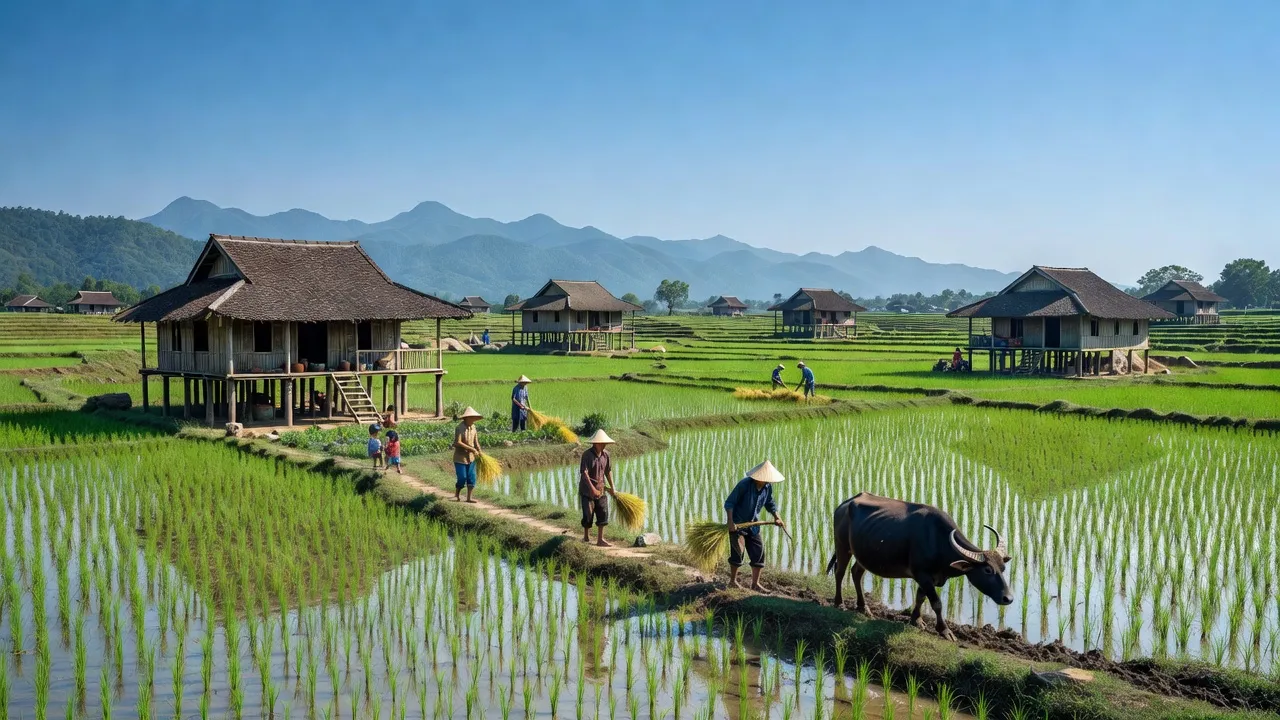 Cảnh đẹp xã Đồng Thịnh, huyện Định Hóa, Thái Nguyên với ruộng bậc thang và nhà truyền thống.
