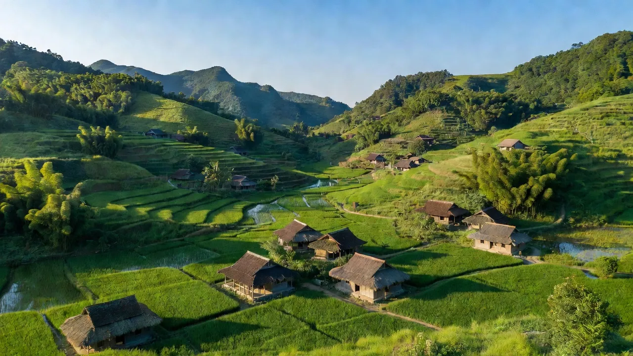 Cảnh quan xanh tươi ở Xã Sơn Phú, Định Hóa, Thái Nguyên, với đồi núi và ruộng bậc thang.