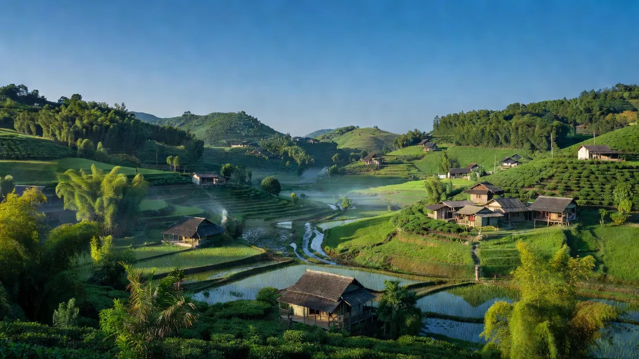 Cảnh Sơn Phú, huyện Định Hóa, Thái Nguyên với đồi núi và nhà nông thôn, thời tiết trong xanh.