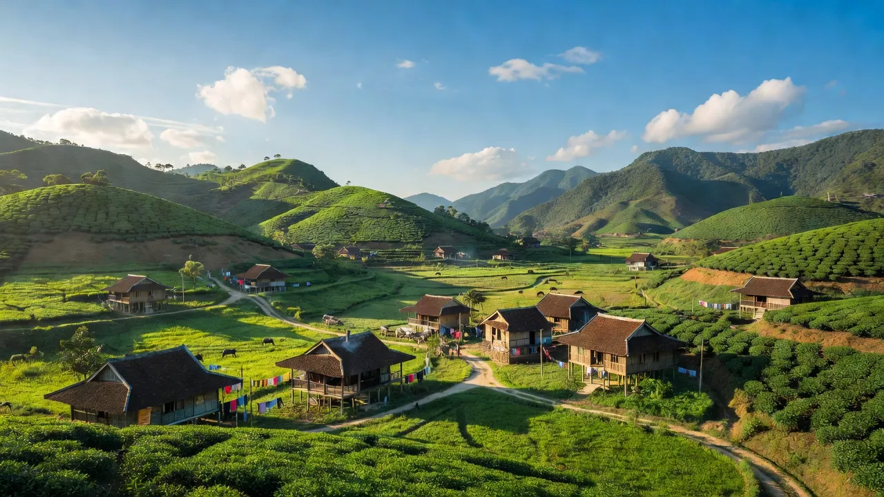 Cảnh đẹp huyện Đồng Hỷ, tỉnh Thái Nguyên với đồi núi, thung lũng và nhà truyền thống.