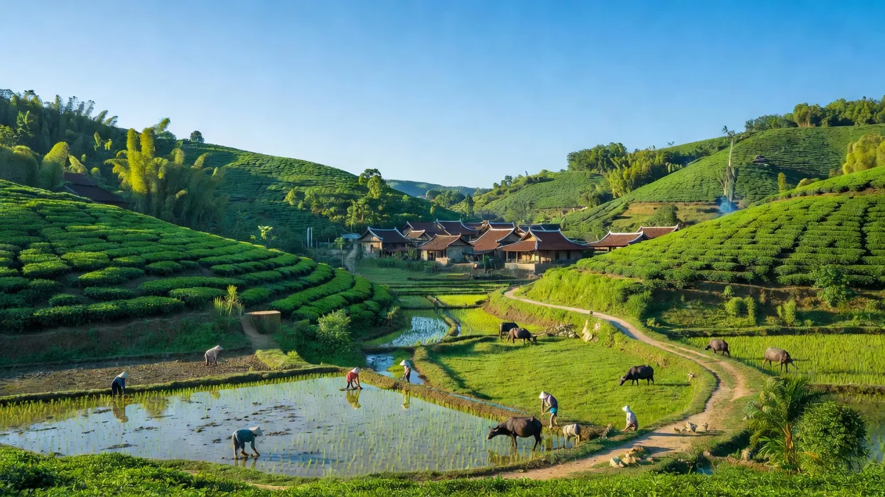 Khung cảnh thiên nhiên Huyện Đồng Hỷ Thái Nguyên với đồi núi và thung lũng xanh tươi.
