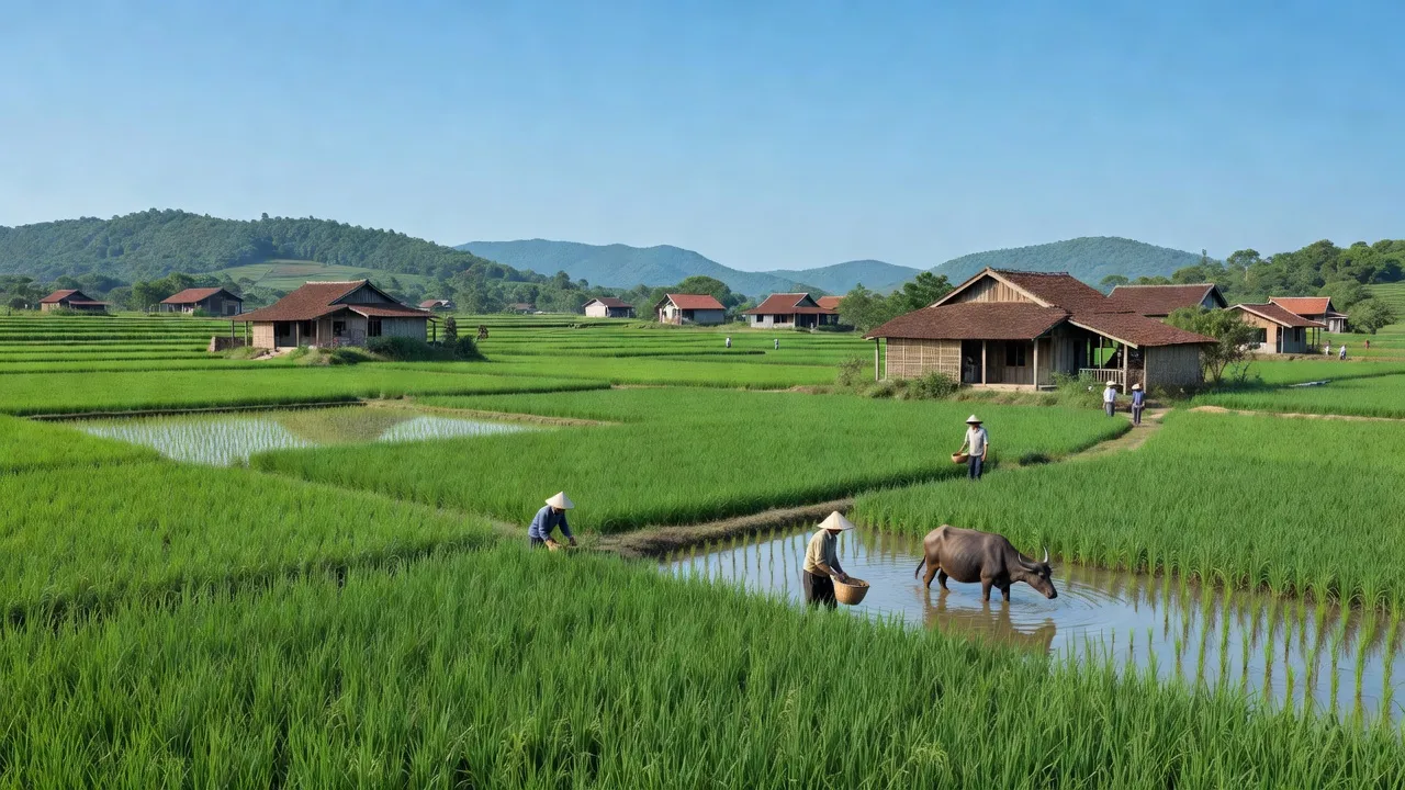 Cảnh đẹp Xã Hợp Tiến, huyện Đồng Hỷ, tỉnh Thái Nguyên với cánh đồng xanh tươi, nhà truyền thống.