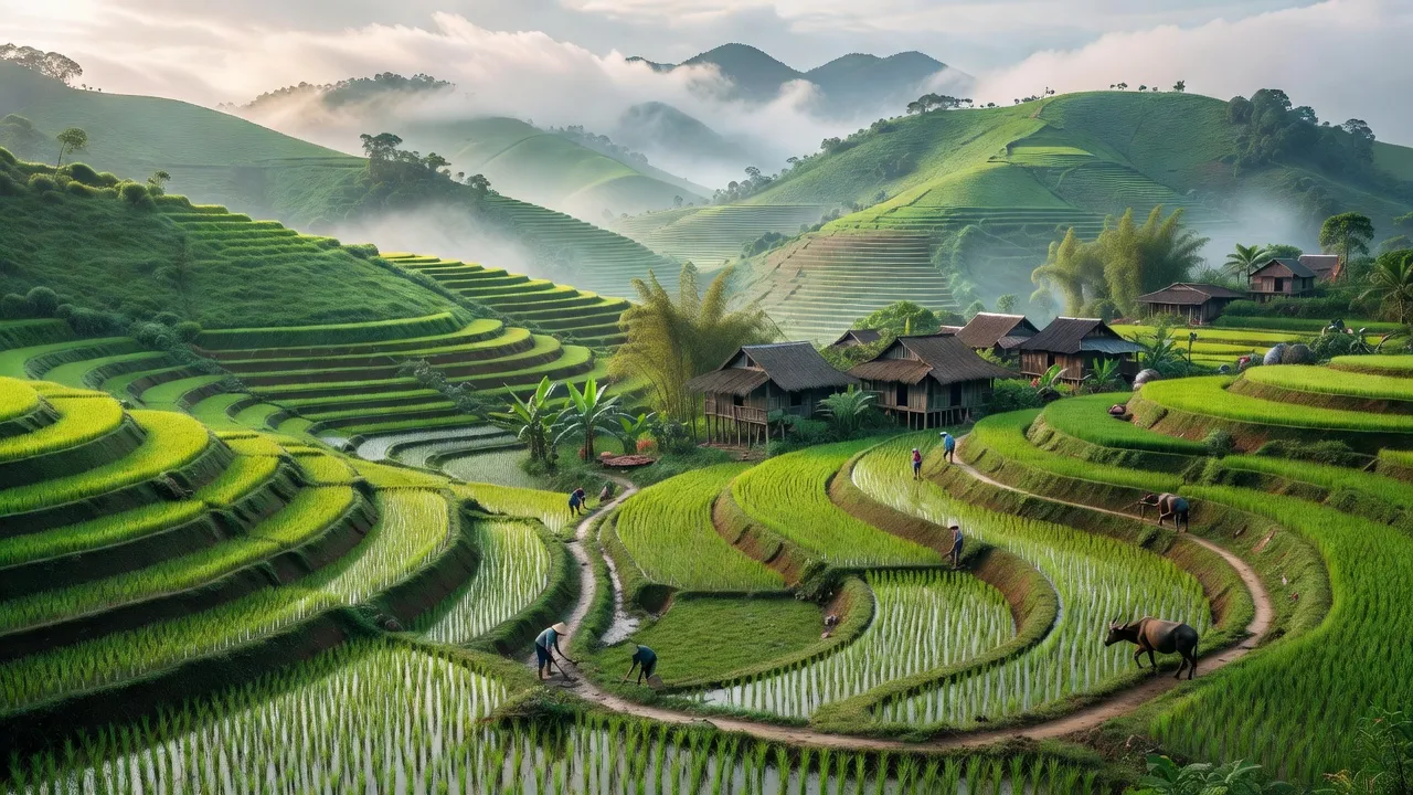 Khung cảnh Xã Khe Mo, Huyện Đồng Hỷ, Tỉnh Thái Nguyên với đồi núi xanh và cánh đồng. Khe Mo village view.