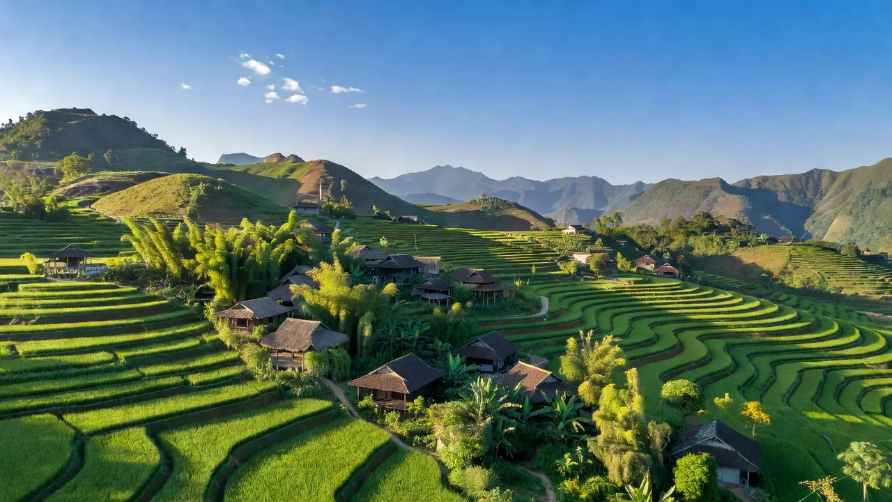 Cảnh quan xã Minh Lập, huyện Đồng Hỷ, tỉnh Thái Nguyên với đồi núi và ruộng bậc thang.