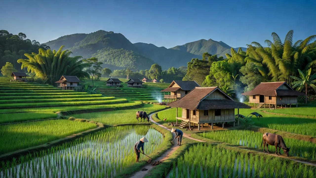 Khung cảnh yên bình ở xã Minh Lập, huyện Đồng Hỷ, tỉnh Thái Nguyên với núi xanh và cánh đồng lúa.