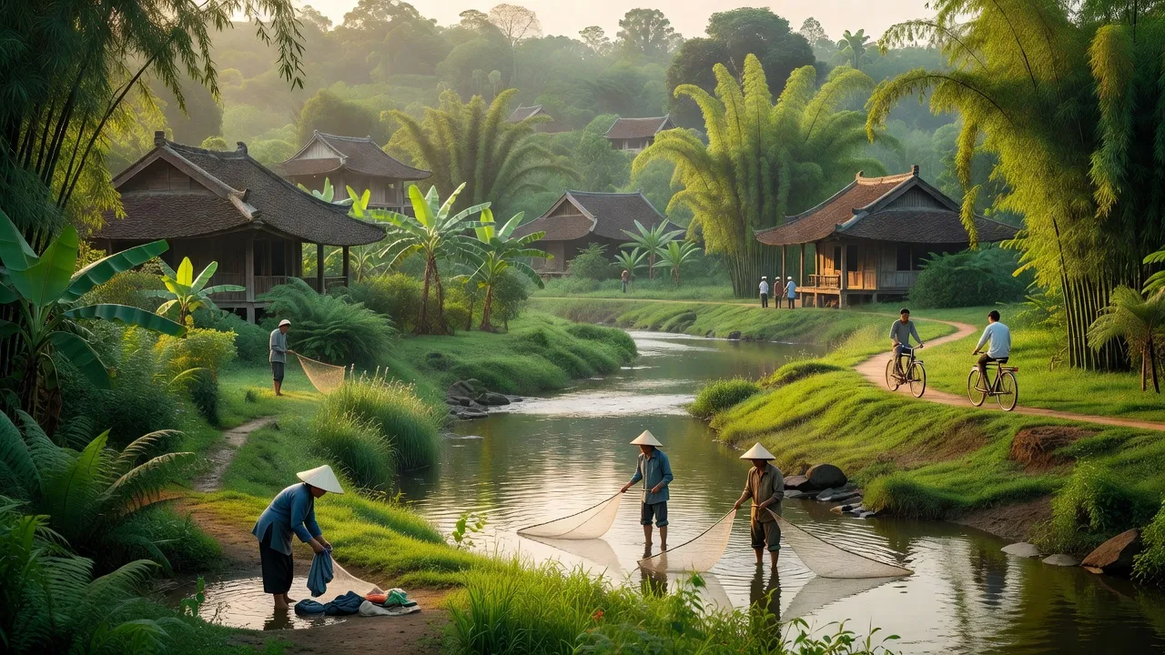 Thị trấn Sông Cầu, huyện Đồng Hỷ, tỉnh Thái Nguyên, với cảnh quan xanh tươi và sinh hoạt địa phương.