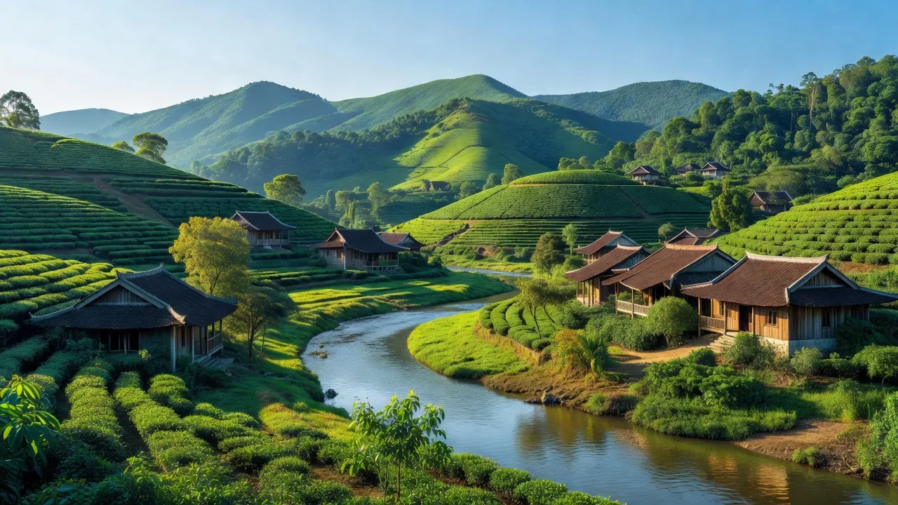Khung cảnh thanh bình của xã Tân Long, huyện Đồng Hỷ, tỉnh Thái Nguyên với núi xanh và dòng sông.