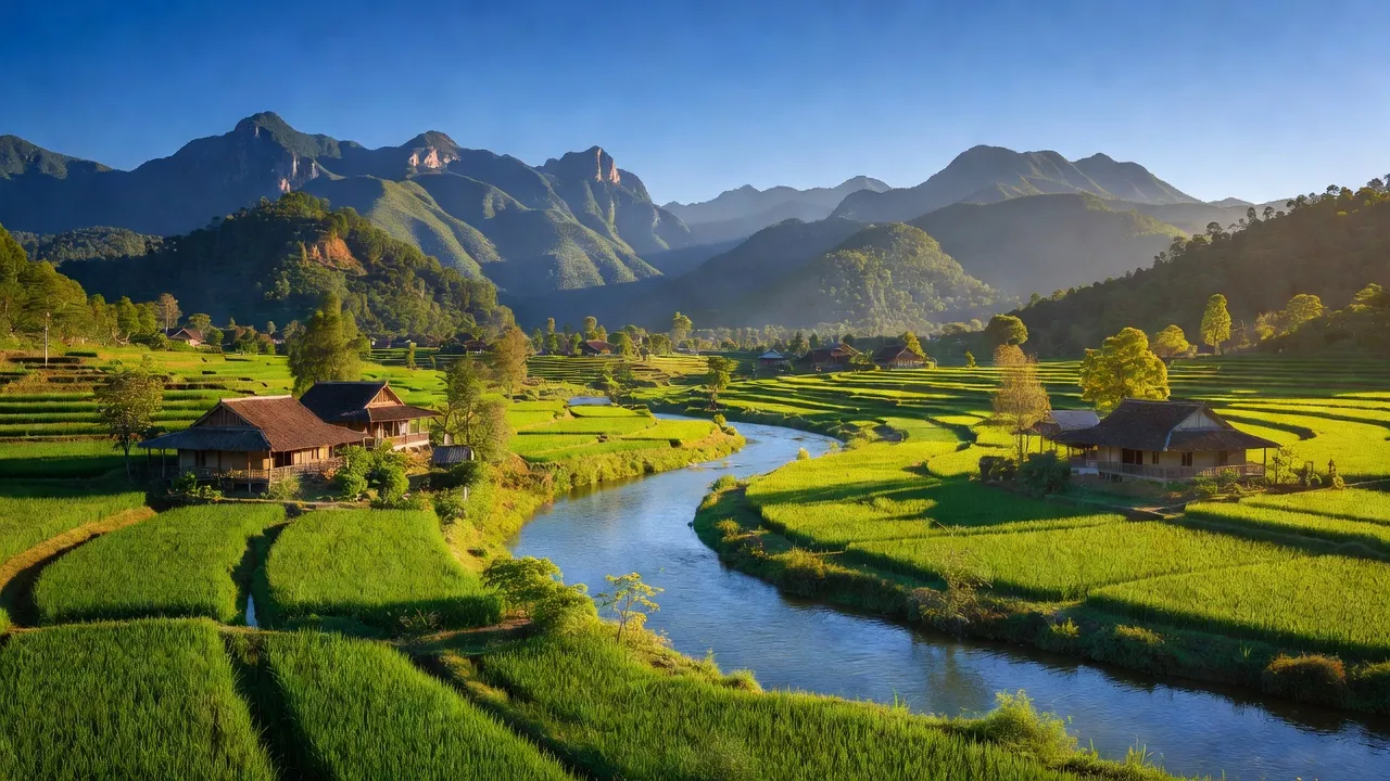 Phong cảnh xã Tân Long, huyện Đồng Hỷ, Thái Nguyên với núinon, sông Cầu và các ngôi nhà truyền thống.