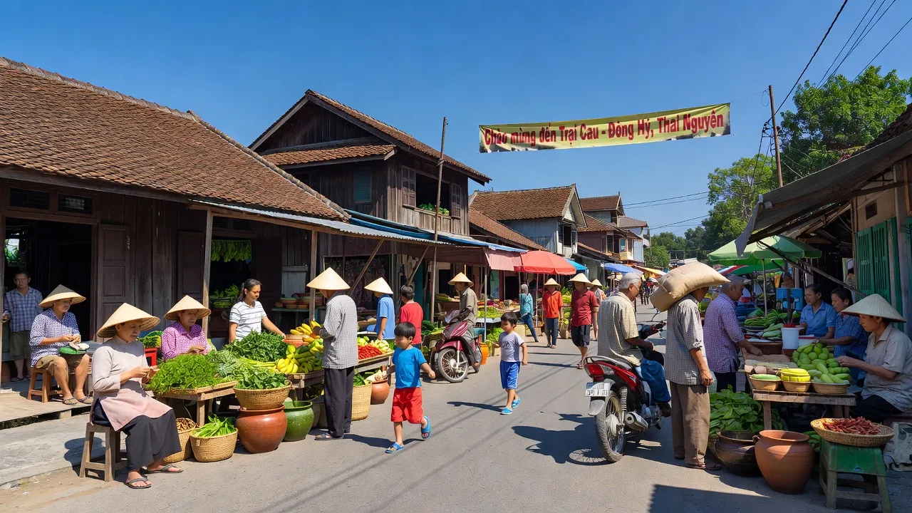 Khung cảnh nhộn nhịp ở Thị trấn Trại Cau, Huyện Đồng Hỷ, Tỉnh Thái Nguyên với nhà cửa và chợ truyền thống.