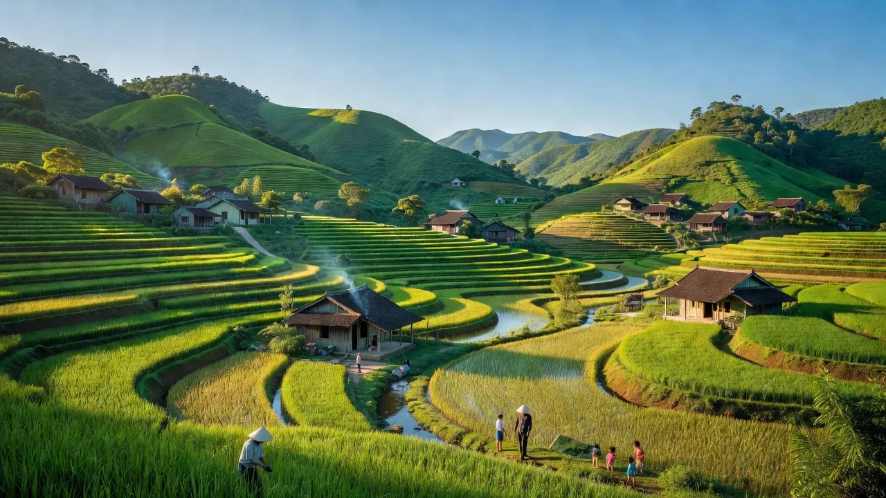 Thị trấn Trại Cau, huyện Đồng Hỷ, Thái Nguyên với cảnh quan xanh mát và ngôi nhà truyền thống.