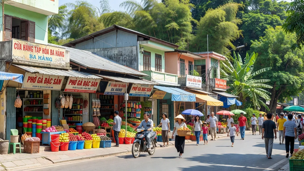 Cảnh phố sôi động tại Phường Ba Hàng, Thành phố Phổ Yên, Tỉnh Thái Nguyên với chợ và kiến trúc địa phương.
