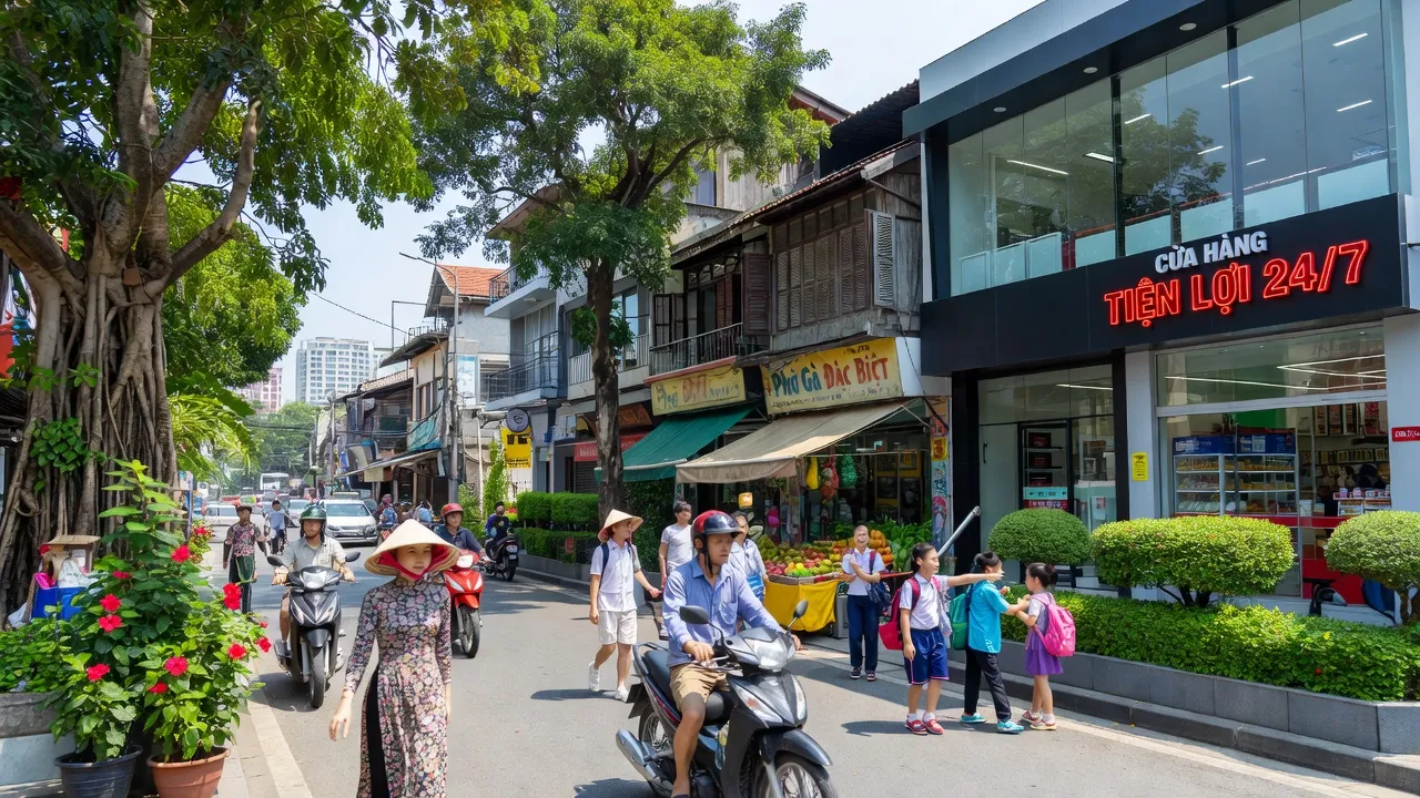 Cảnh đường phố nhộn nhịp ở Phường Tân Hương, Thành phố Phổ Yên, thể hiện đời sống đô thị và phát triển.