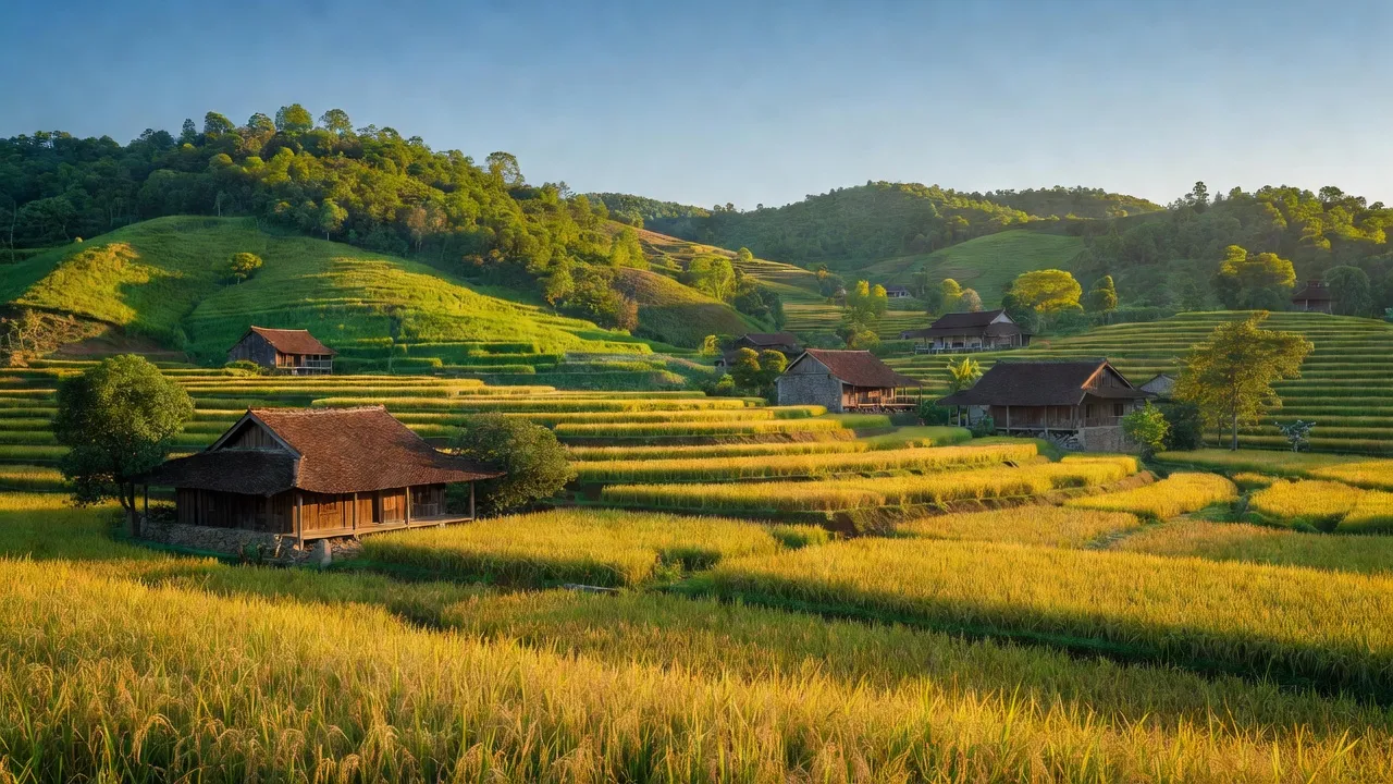 Khung cảnh thiên nhiên huyện Phú Bình, Thái Nguyên với đồi núi, cánh đồng, và nhà truyền thống.