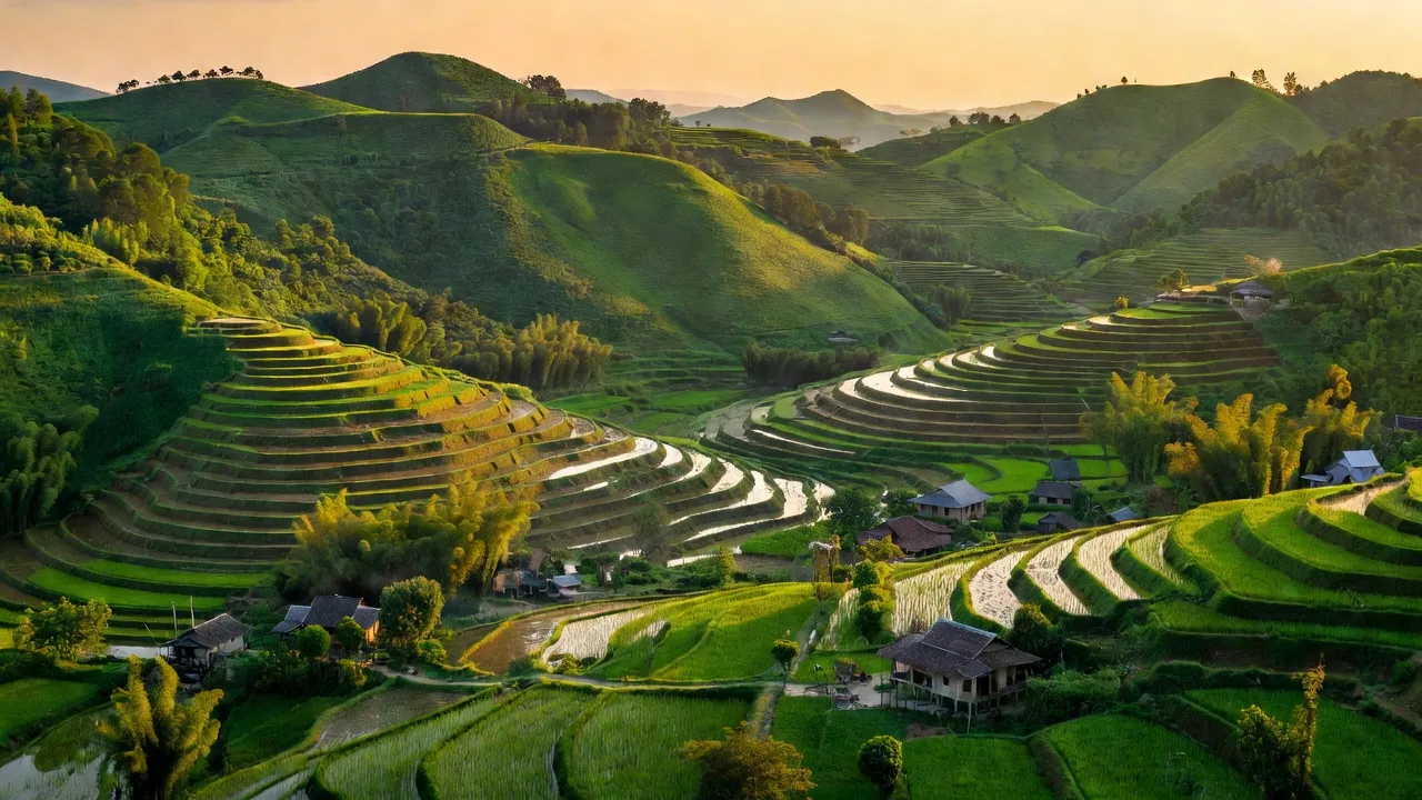 Phong cảnh huyện Phú Bình, tỉnh Thái Nguyên, với đồi núi và làng quê gần gũi, đẹp tự nhiên.