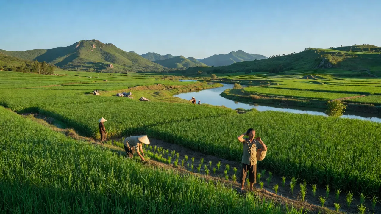 Quang cảnh nông thôn Bảo Lý, Thái Nguyên, có đồng xanh và đồi núi, thể hiện vẻ đẹp quê hương.