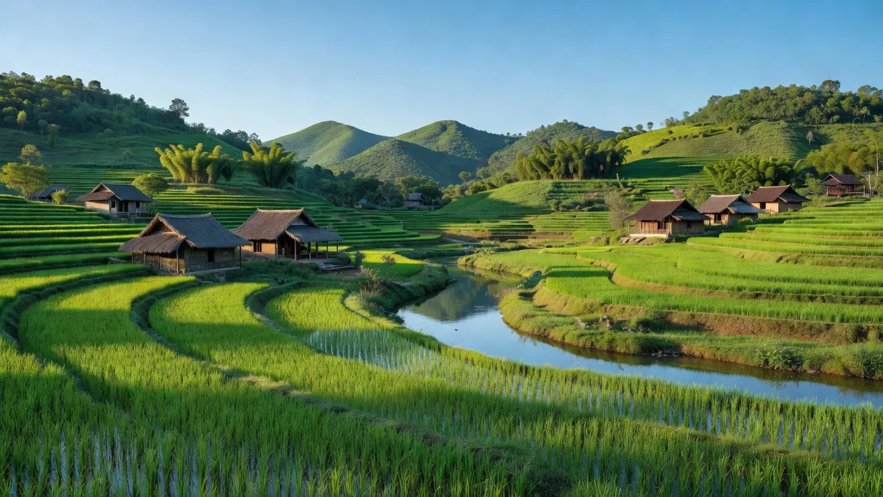Khung cảnh nông thôn xã Đào Xá, huyện Phú Bình, tỉnh Thái Nguyên với ruộng và sông Máng.