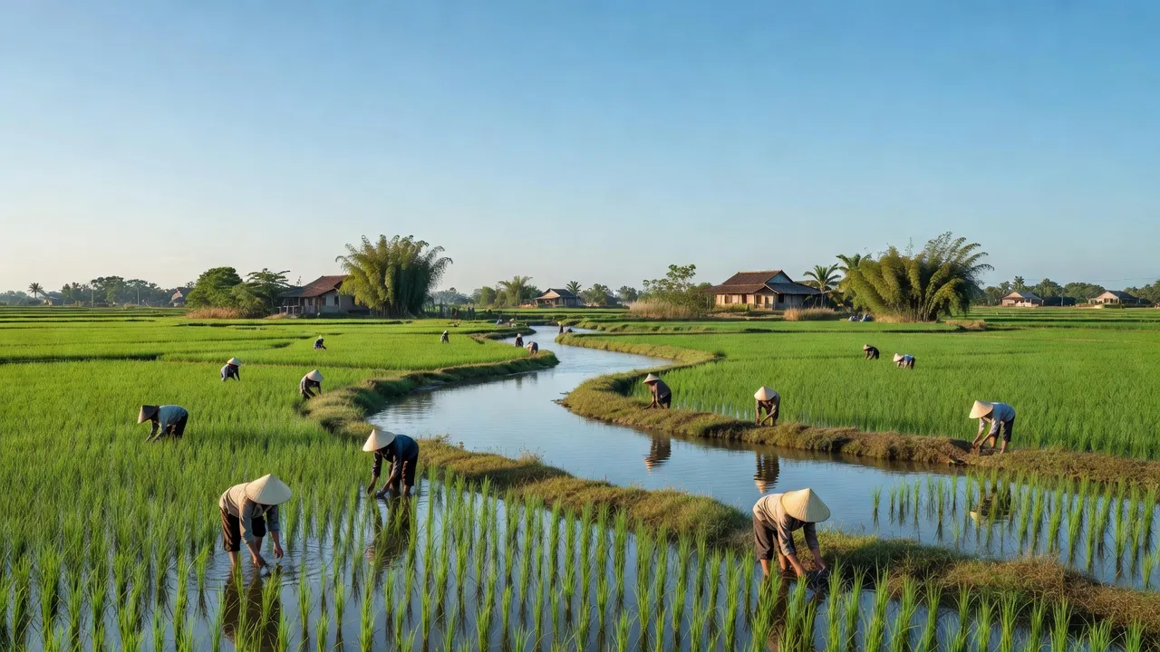 Xã Dương Thành, huyện Phú Bình, Thái Nguyên với ruộng đồng và sông, thể hiện vẻ đẹp nông thôn