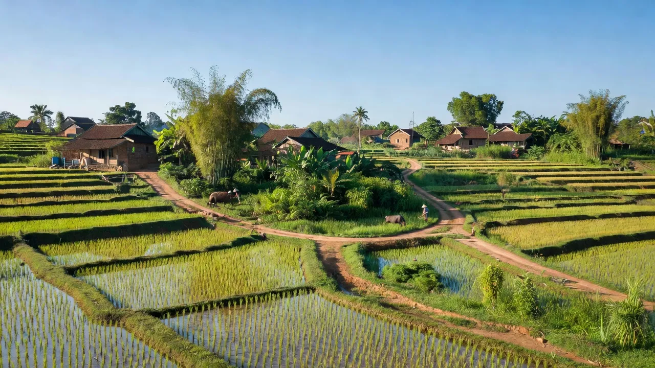 Cảnh đẹp nông thôn tại xã Nga My, huyện Phú Bình, tỉnh Thái Nguyên với cánh đồng xanh tươi.