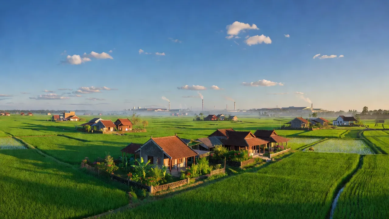 Cảnh đẹp Xã Tân Hòa, Huyện Phú Bình, tỉnh Thái Nguyên với đồng xanh và nhà truyền thống.
