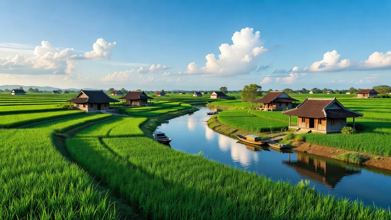 Cảnh đẹp xã Tân Khánh, huyện Phú Bình, nổi bật với cánh đồng xanh và sông Máng.